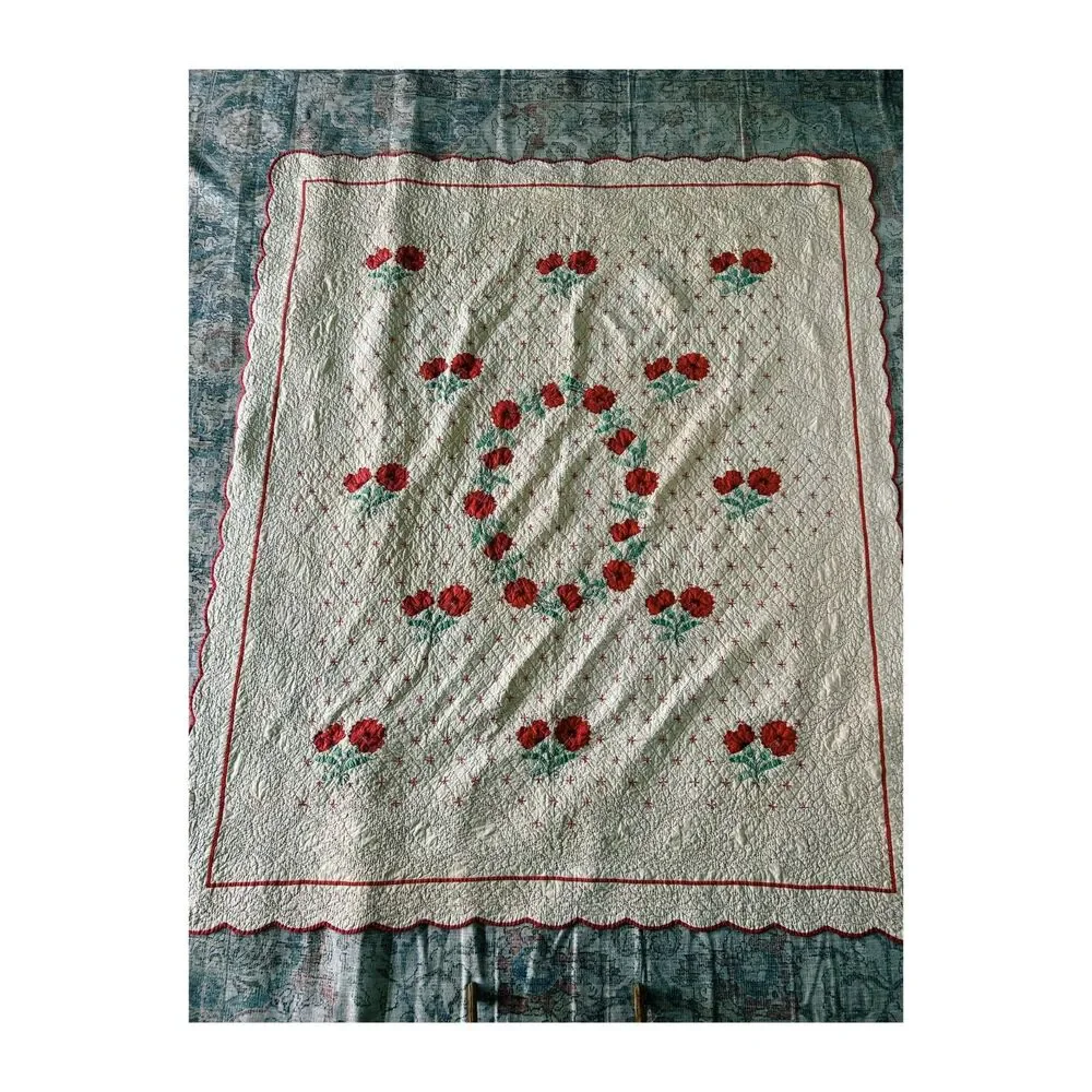 Vintage 1940s Handcrafted Red Poppy Quilt 73x80 Scalloped Edge Applique